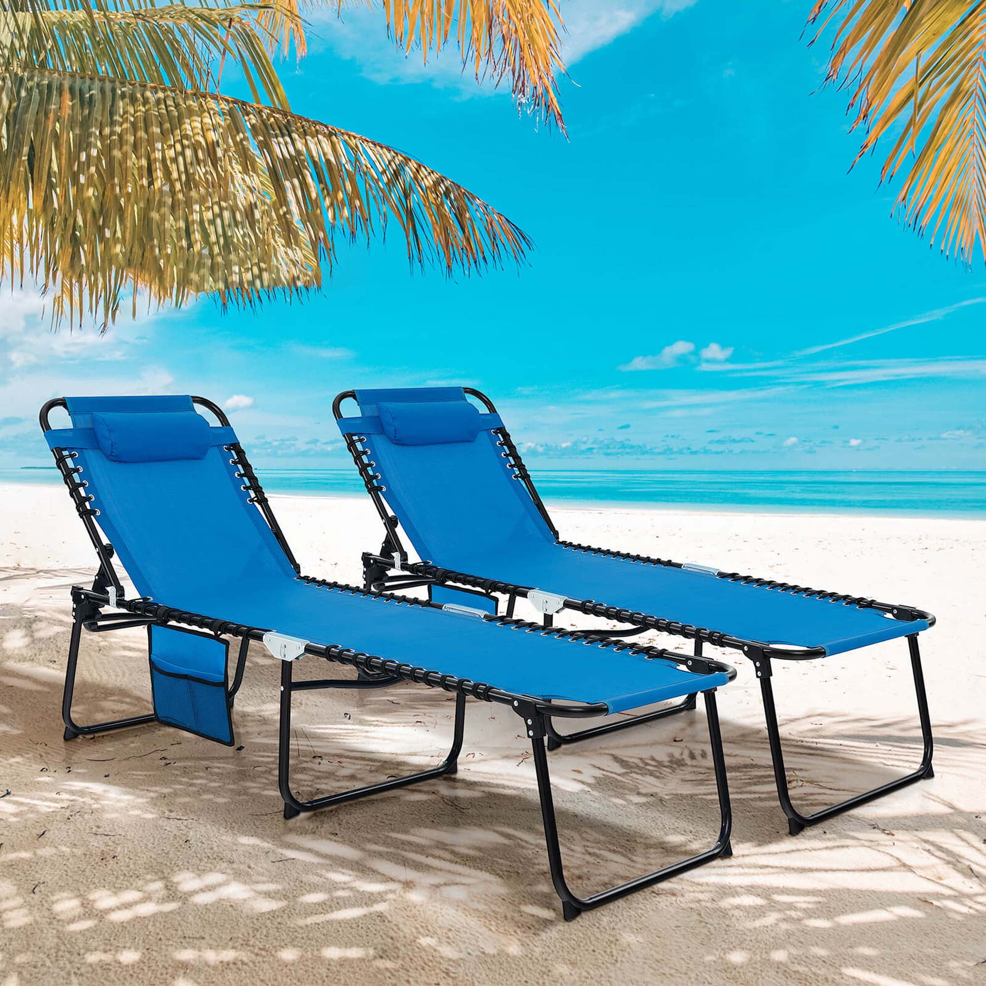 Costway 2 PCS Folding Chaise Lounge Chair Portable Sun Lounger with Adjustable Backrest Navy