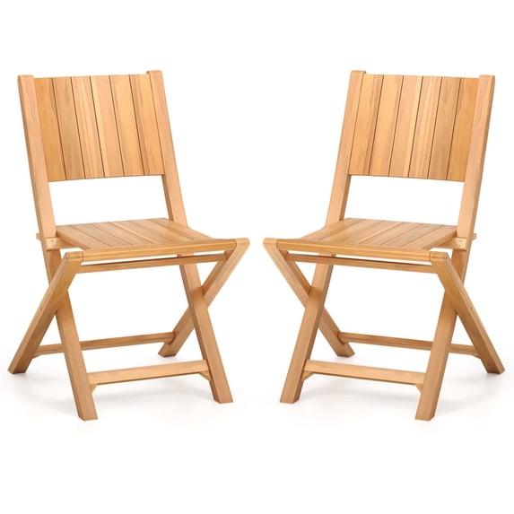 Costway 2 PCS Folding Patio Chairs with Inclined Backrest Teak Wood Outdoor Dining Chairs