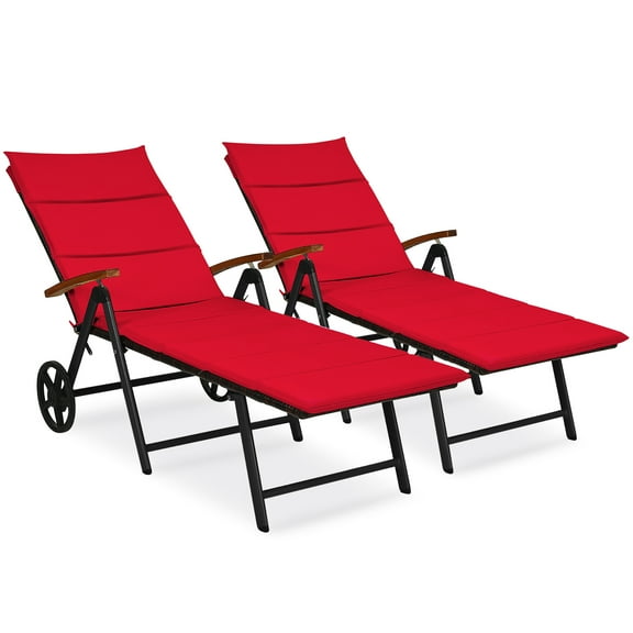 Costway 2 PCS Folding Patio Rattan Lounge Chair Cushioned Aluminum w/ Wheel Red