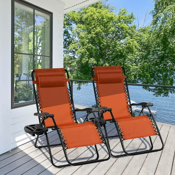 Costway 2 PCS Folding Zero Gravity Reclining Lounge Chairs Beach Patio with Utility Tray Orange