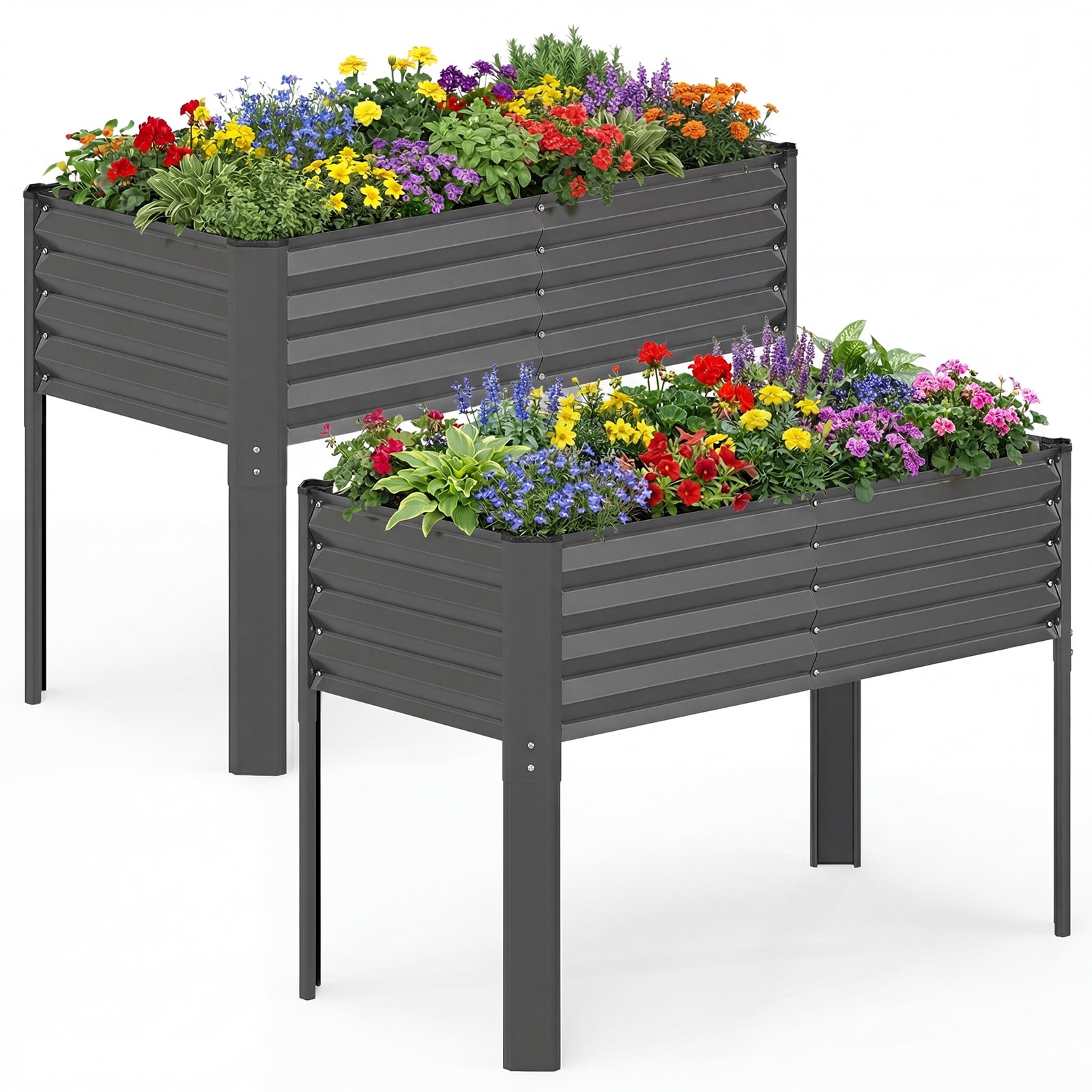 Costway 2 PCS Galvanized Raised Garden Bed with Legs, Metal Elevated Planter Box for Flowers Gray