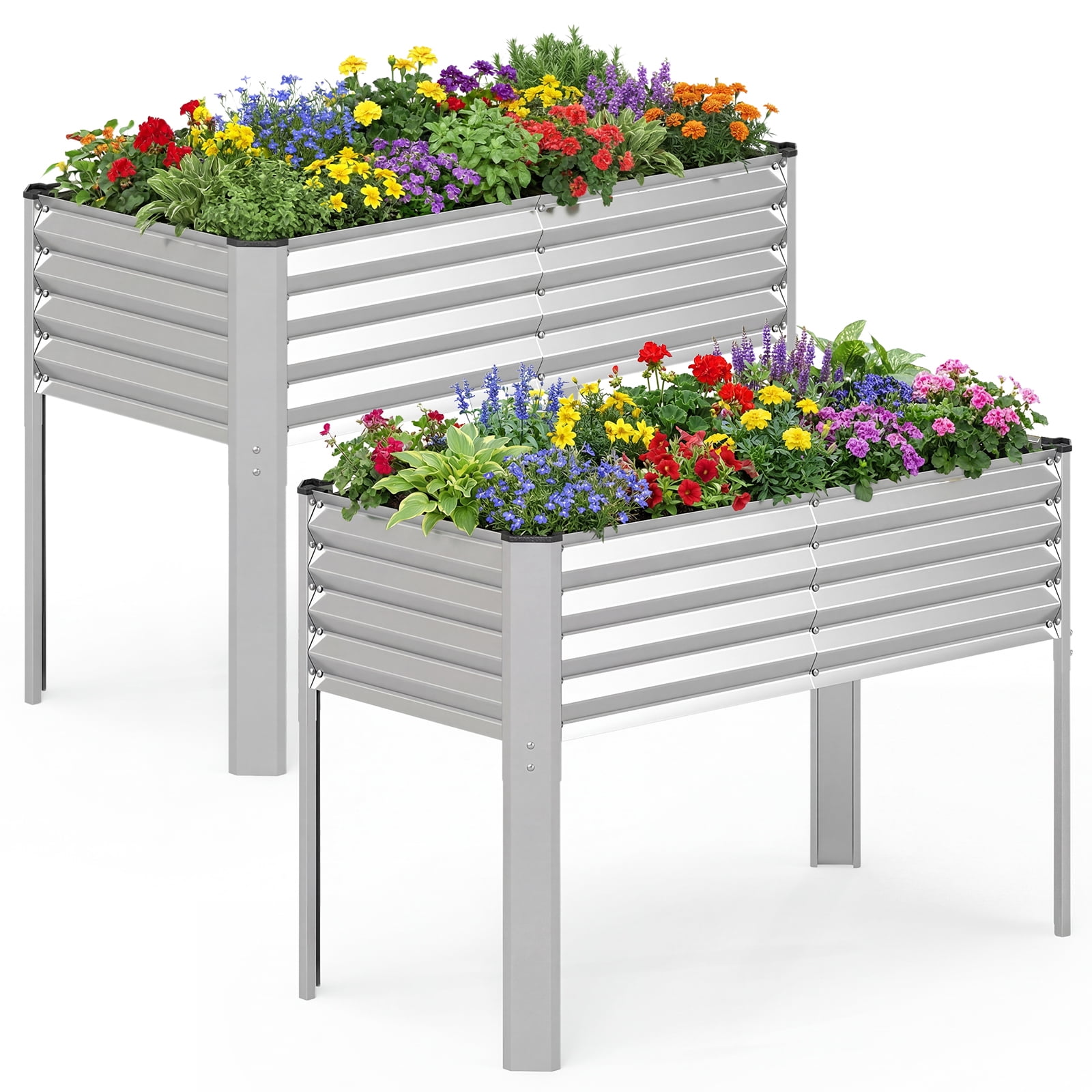 Costway 2 PCS Galvanized Raised Garden Bed with Legs, Metal Elevated Planter Box for Flowers Sliver