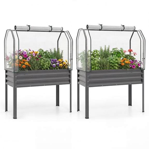 Costway 2 PCS Galvanized Raised Garden Bed with Legs Roll-up Door for Vegetable Flower Herb Gray