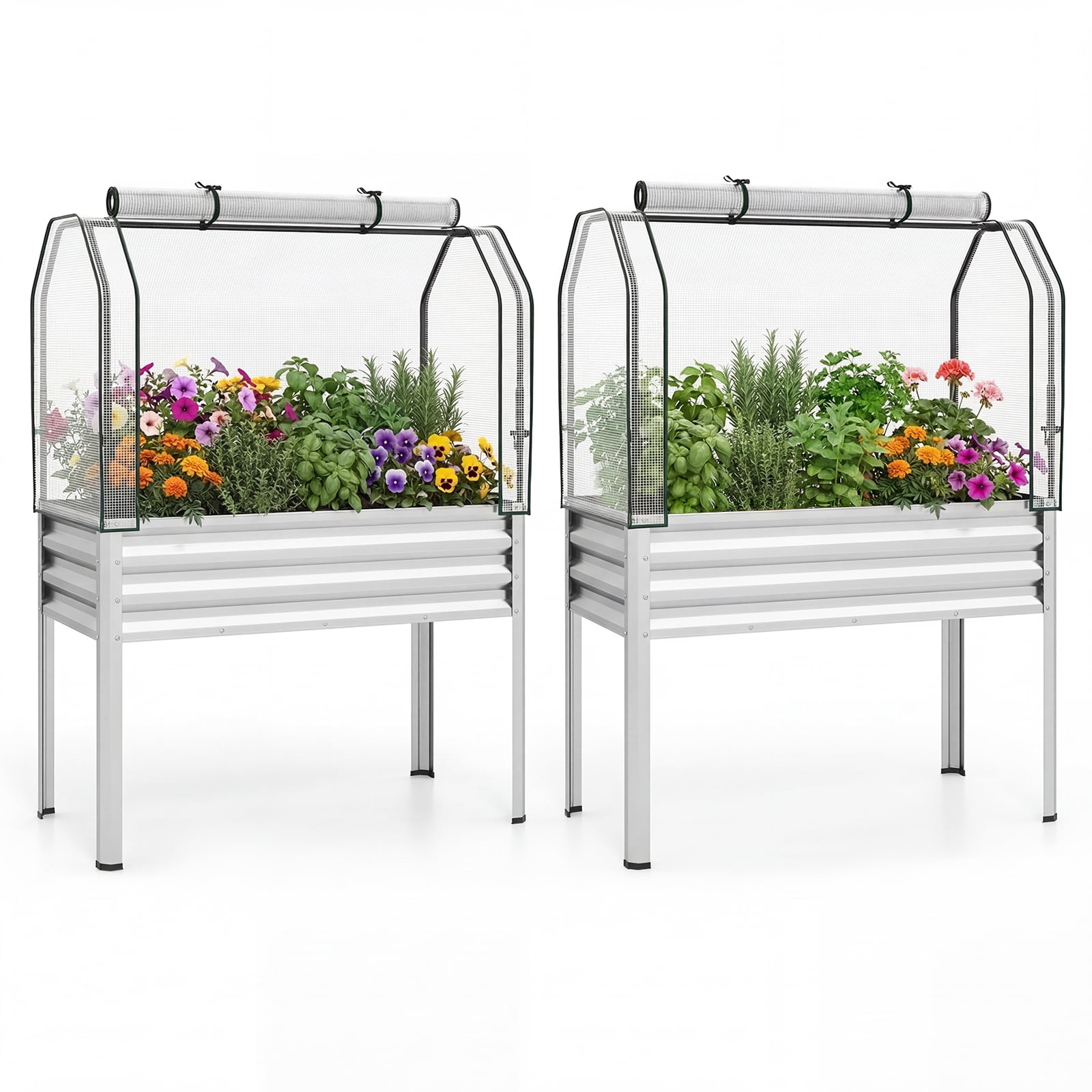 Costway 2 PCS Galvanized Raised Garden Bed with Legs Roll-up Door for Vegetable Flower Herb Silver