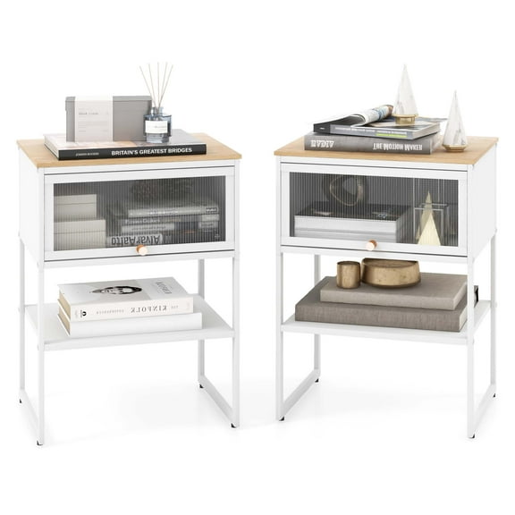 Costway 2 PCS Home Nightstand 3-Tier Storage Table with Open Shelf Heavy-duty Metal Frame