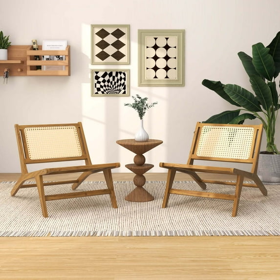 Costway 2 PCS Mid Century Modern Teak Wooden Chair with Handwoven Rattan Seat & Backrest