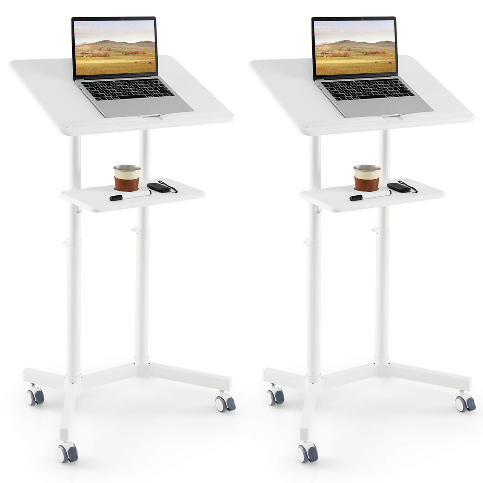 White Adjustable Mobile Lectern Podium with Storage Tray and Casters
