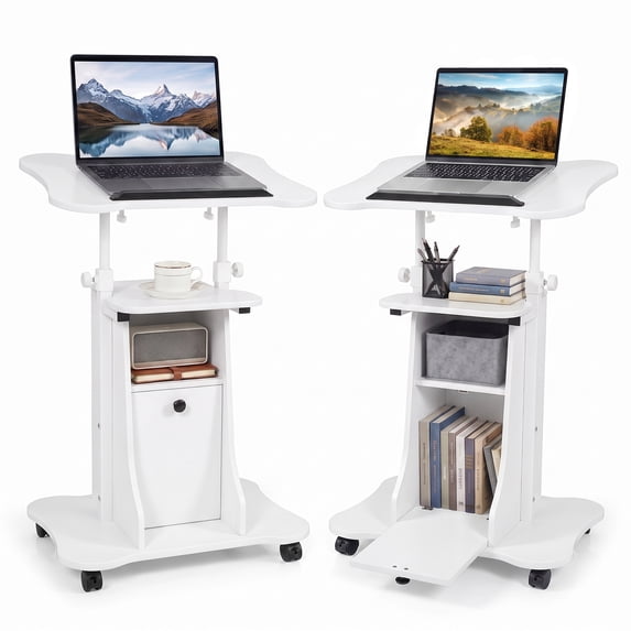 Costway 2 PCS Mobile Podium Stand Office Laptop Cart with Storage Adjustable Height White