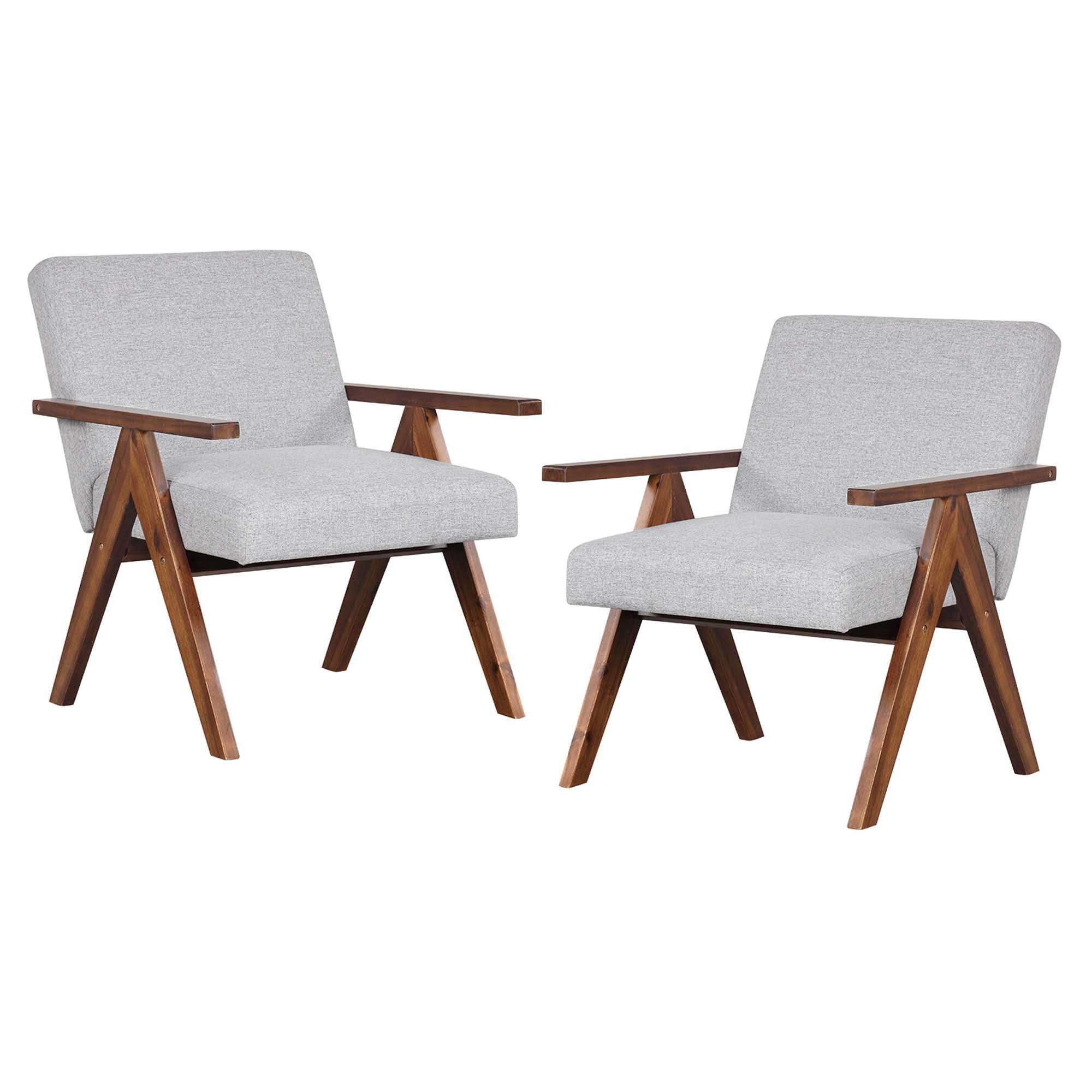 Gray Linen Upholstered Barrel Accent Chair Set with Wood Frame