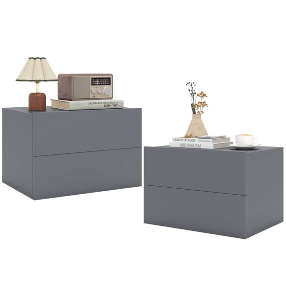 Costway 2 PCS Modern Floating Nightstand, Wall Mounted Bedside Table with 2 Storage Drawers Gray
