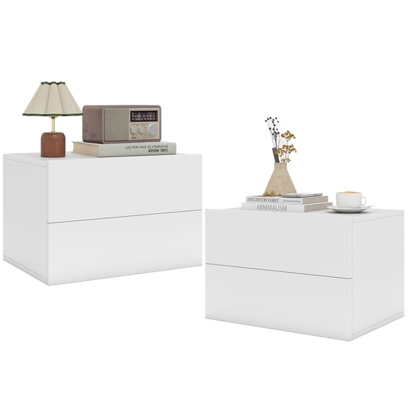 Costway 2 PCS Modern Floating Nightstand, Wall Mounted Bedside Table with 2 Storage Drawers White