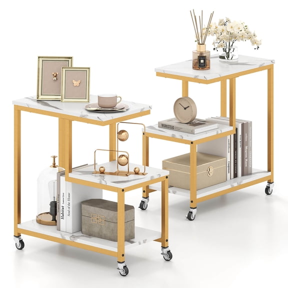 Costway 2 PCS Modern G-Shaped End Table with Storage Shelves & Lockable Casters for Living Room White