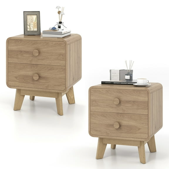 Costway 2 PCS Modern Style 2-Drawer Nightstand Bedside Table with Solid Rubber Wood Legs Brown