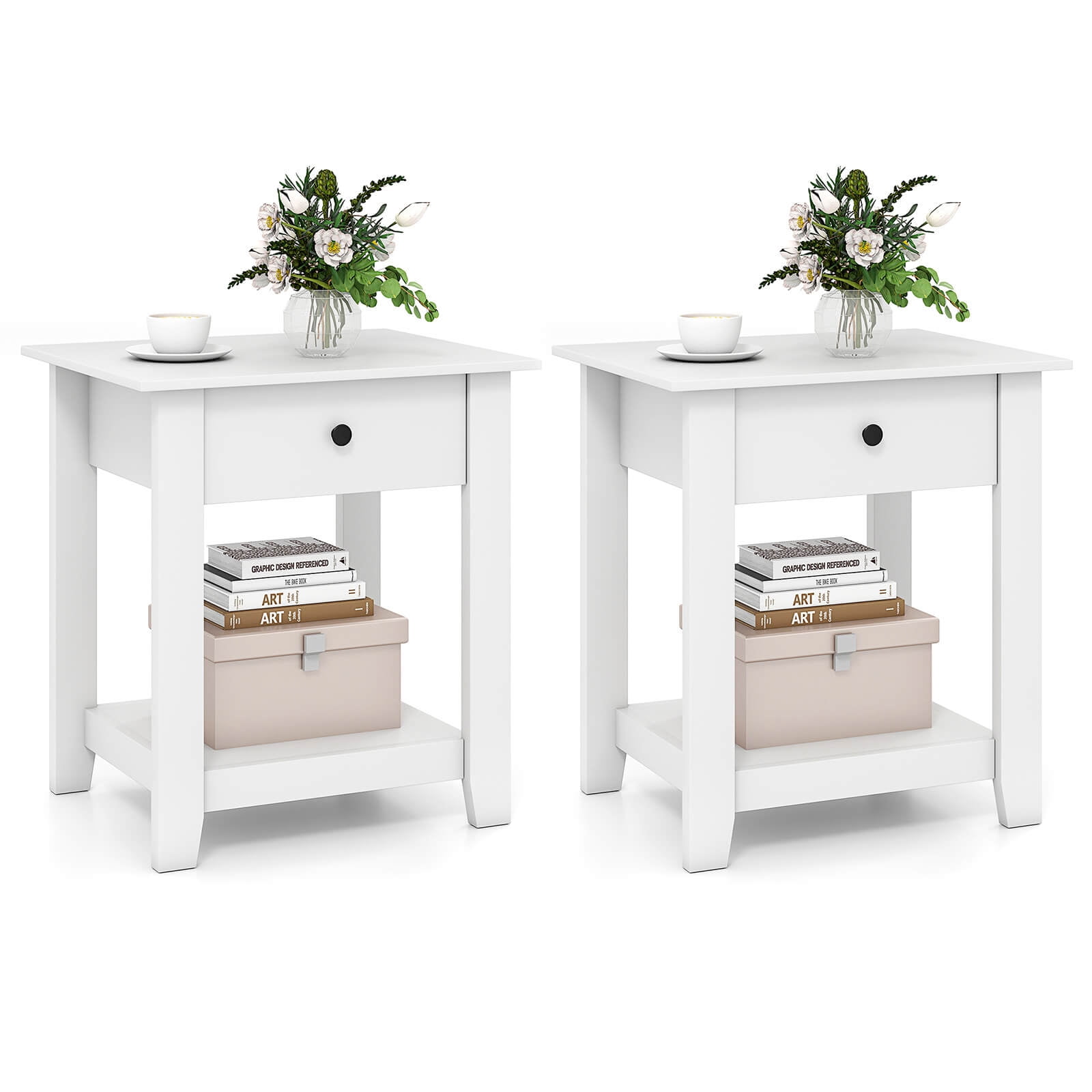 Costway 2 PCS Nightstand with Drawer 3-Tier Modern Bedside Table with Open Shelf Storage White