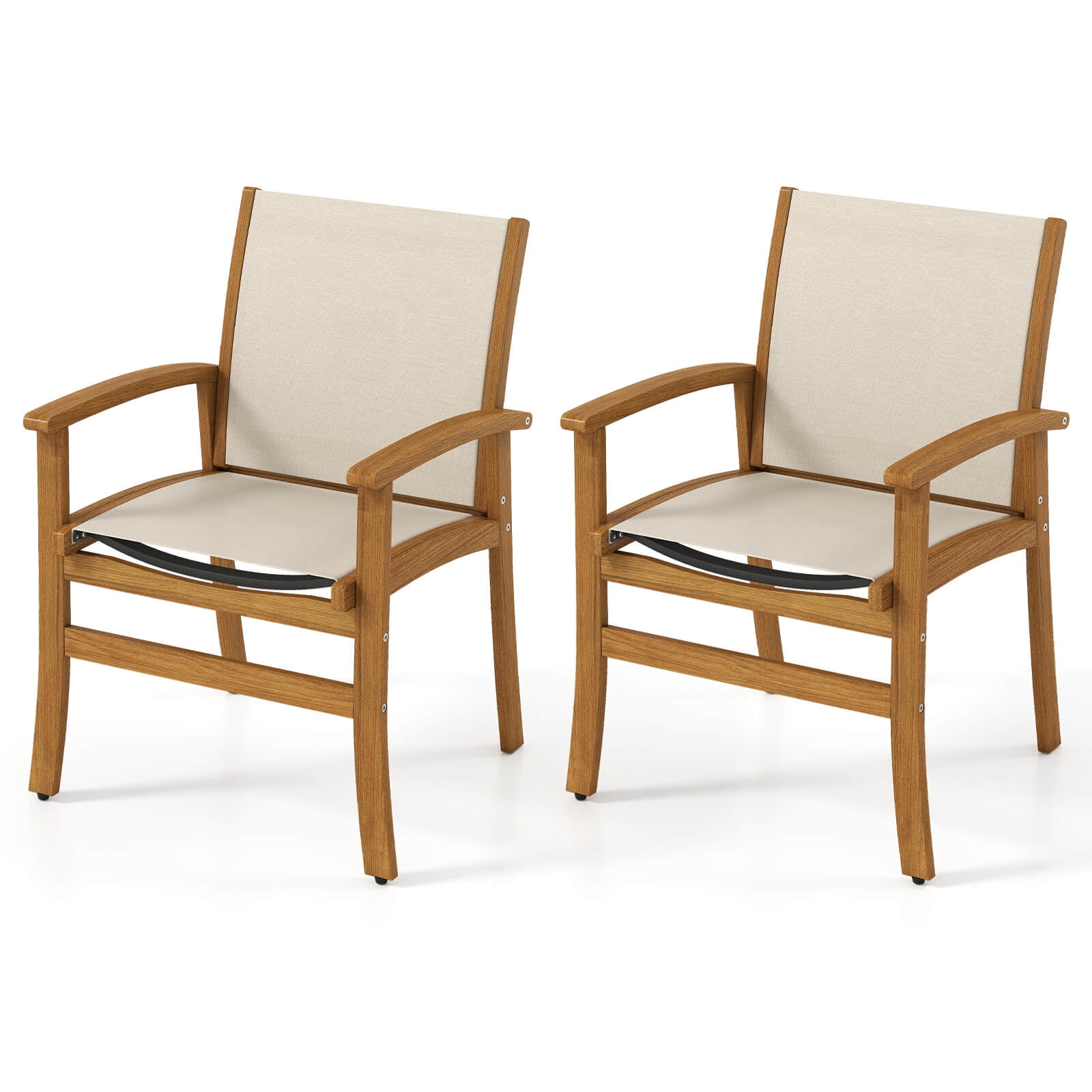 Costway 2 PCS Outdoor Dining Chairs Acacia Wood Patio Chairs with Breathable Fabric Seat