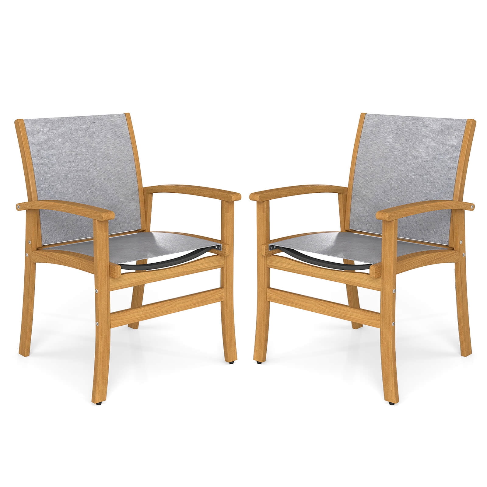 Costway 2 PCS Outdoor Dining Chairs Acacia Wood Patio Chairs with Breathable Fabric Seat