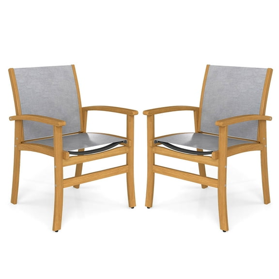 Costway 2 PCS Outdoor Dining Chairs Acacia Wood Patio Chairs with Breathable Fabric Seat