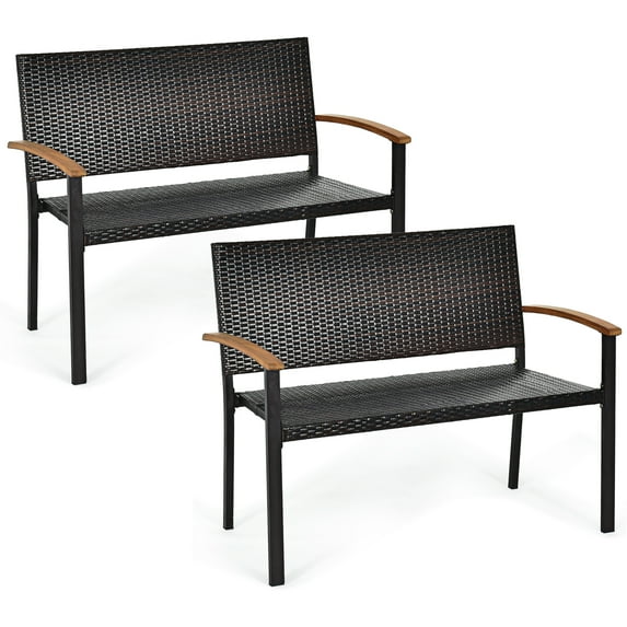 Costway 2 PCS Outdoor Patio Rattan Wicker Bench Loveseat Chair Armrest Garden