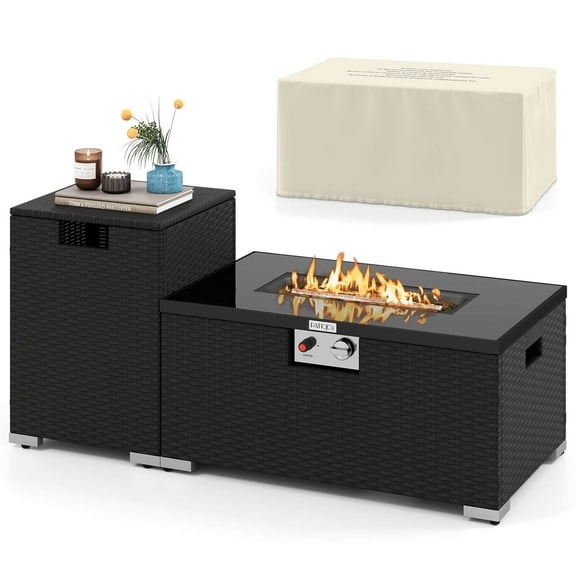 Costway 2 PCS Outdoor Rattan Fire Table Set with Tank Cover Tempered Glass Tabletop Black