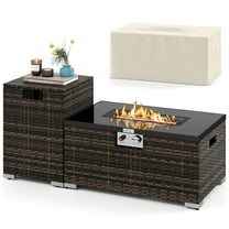 Costway 2 PCS Outdoor Rattan Fire Table Set with Tank Cover Tempered Glass Tabletop Brown