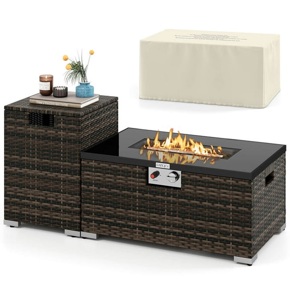 Costway 2 PCS Outdoor Rattan Fire Table Set with Tank Cover Tempered Glass Tabletop Brown