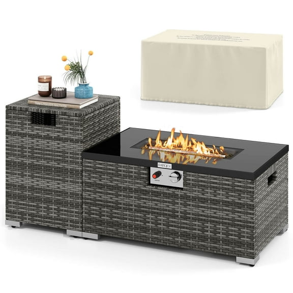 Costway 2 PCS Outdoor Rattan Fire Table Set with Tank Cover Tempered Glass Tabletop Gray