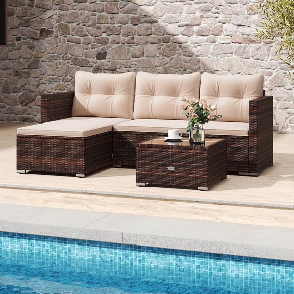 Costway 4 Seats Outdoor Wicker Furniture Set with Tempered Glass Coffee Table & Soft Cushions