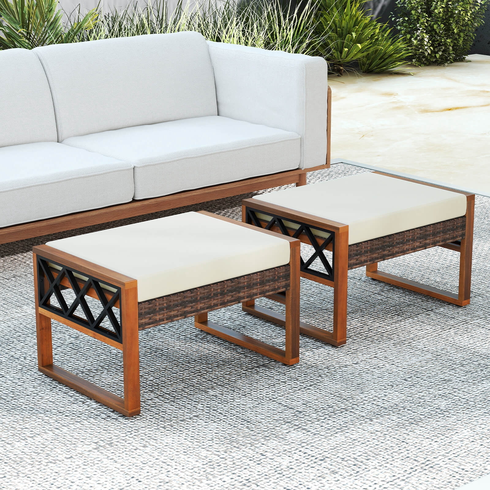 Costway 2 PCS PE Rattan Wicker Ottomans Outdoor Patio Footstools ...