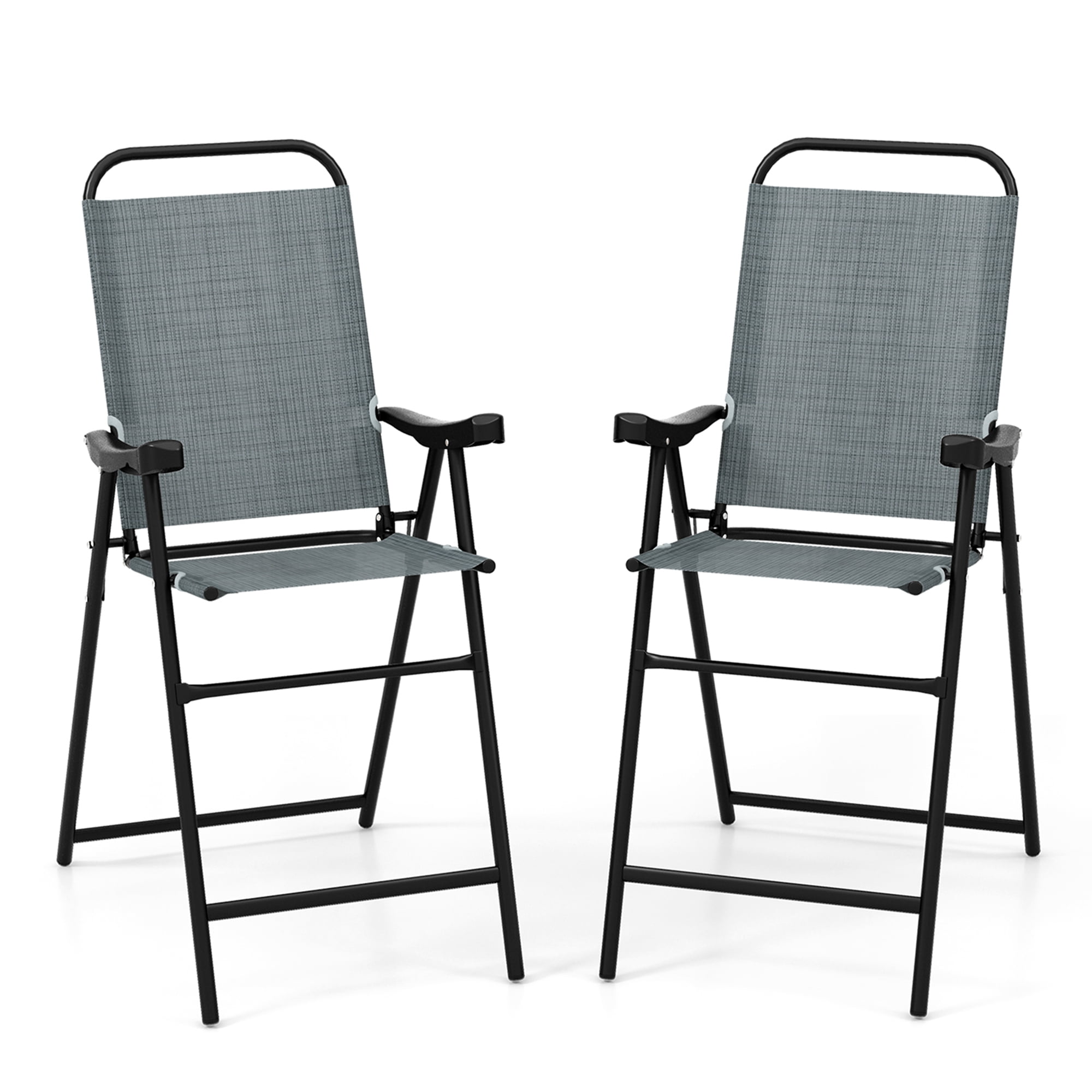 Blue Metal Frame Folding Patio Bar Chairs with Armrests and Footrest