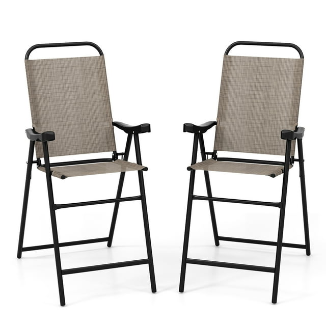Costway 2 PCS Patio Bar Chair Folding Bar Height Metal Frame with Footrest Garden Coffee