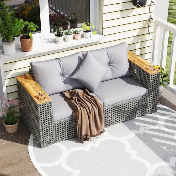 Costway 2 PCS Patio Corner Sofa Set with Thick Cushions Wide Acacia Wood Armrests for Garden Gray