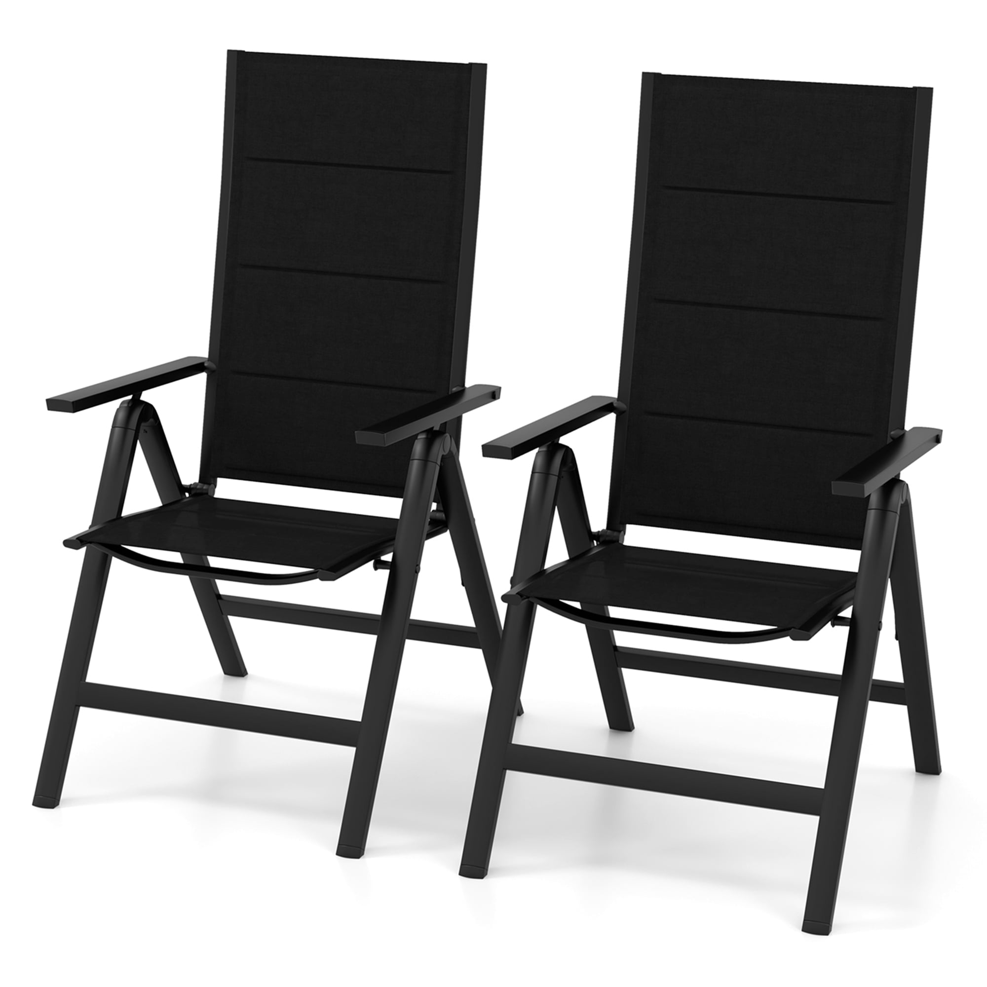 Black Aluminum Outdoor Folding Chairs with Adjustable Arms, Set of 2