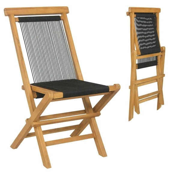 Costway Teak Wood Outdoor Camping High Stability Folding Chairs, Black (Set of 2)