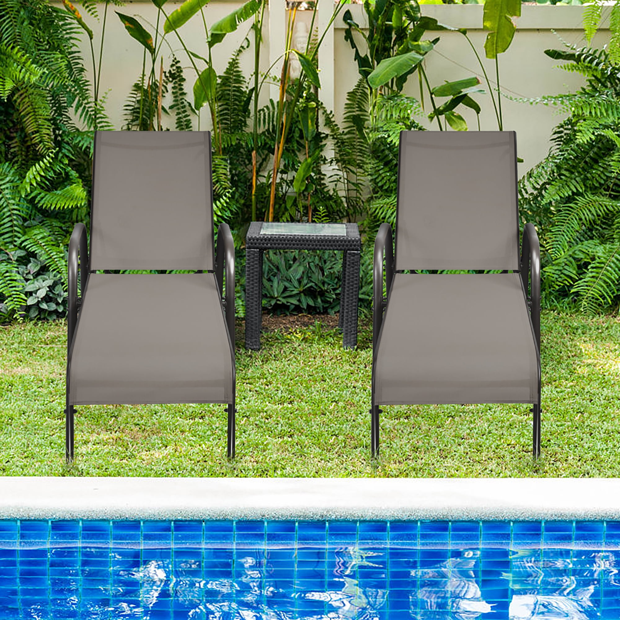 Costway Outdoor Patio Lounge Chair Chaise Fabric Adjustable Reclining  Armrest Pool Brown