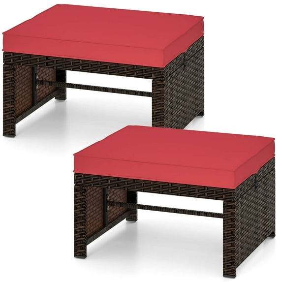 Costway 2 PCS Patio PE Rattan Ottomans with Soft Zippered Cushions for Deck Outdoor Red