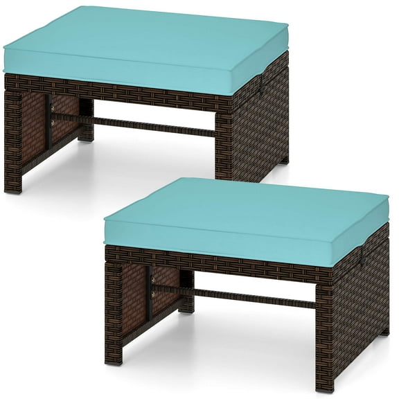 Costway 2 PCS Patio PE Rattan Ottomans with Soft Zippered Cushions for Deck Outdoor Turquoise