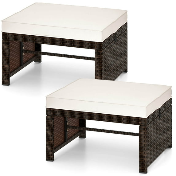 Costway 2 PCS Patio PE Rattan Ottomans with Soft Zippered Cushions for Deck Outdoor White