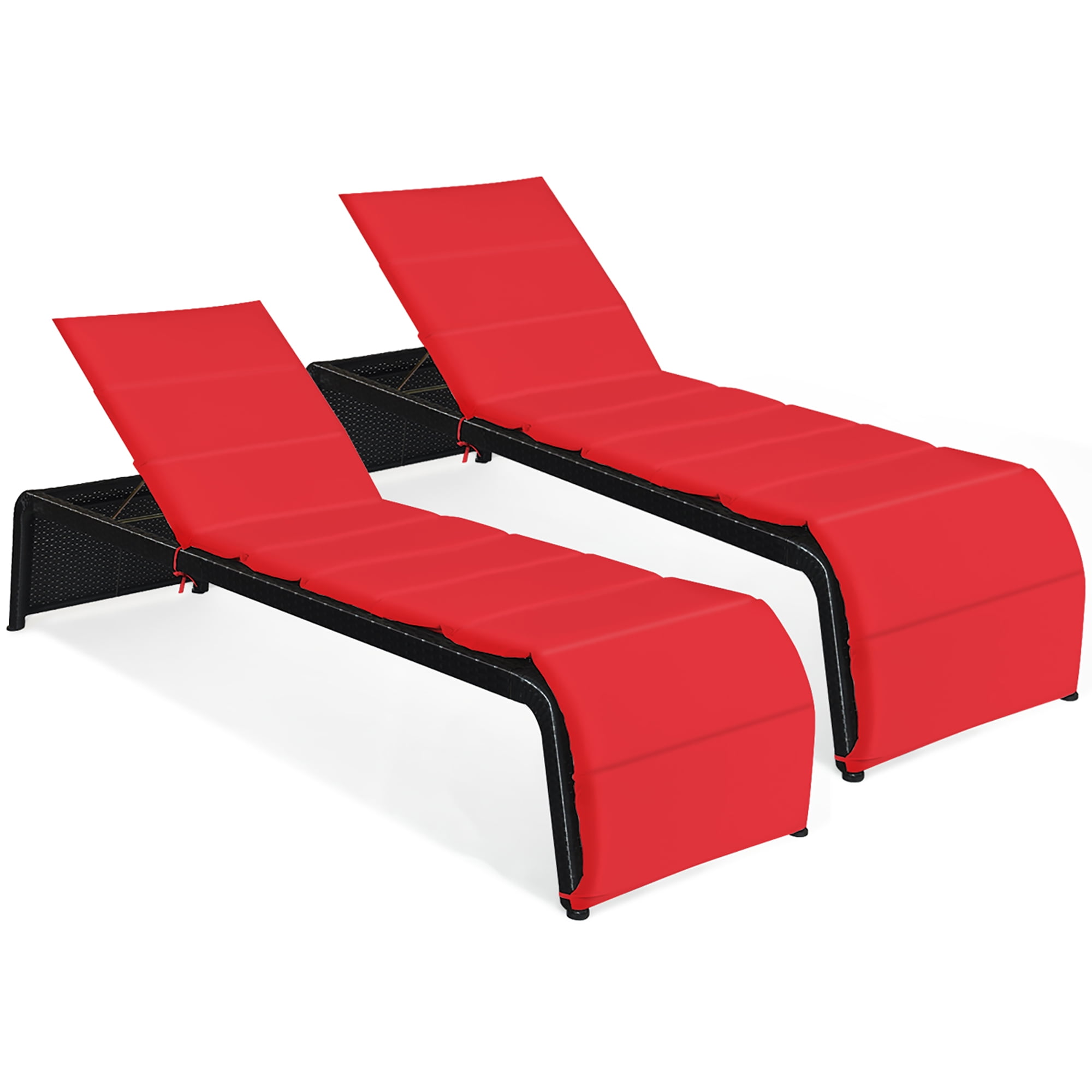 Red Cushioned Armless Steel Chaise Lounger Set