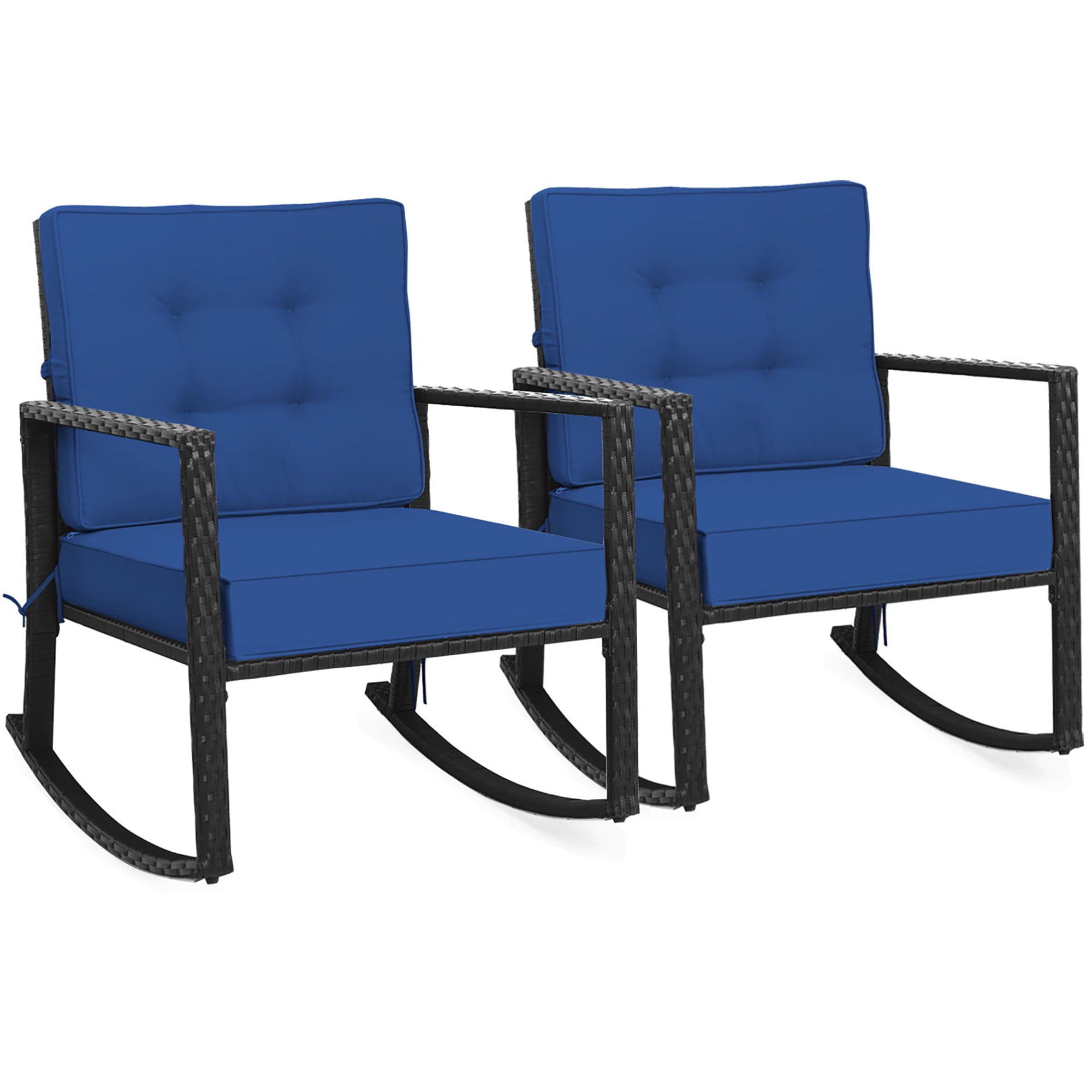 Costway 2 PCS Patio Rattan Rocker Chair Outdoor Glider Rocking Chair Cushion Lawn Navy