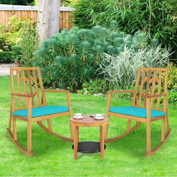 Costway 2 PCS Patio Rocking Chair Acacia Wood Armrest Cushioned Sofa Garden Turquoise