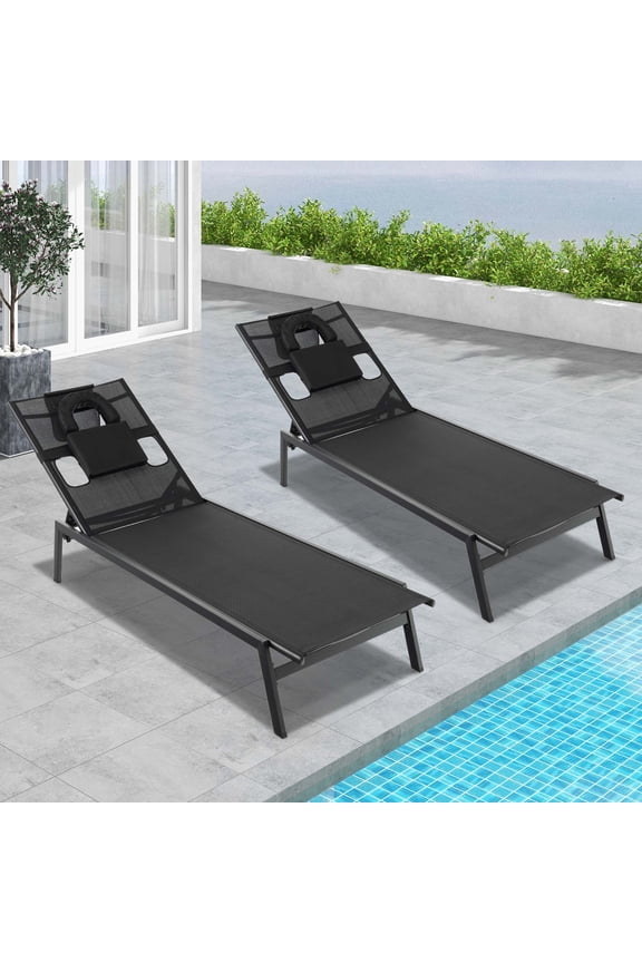 2 PCS Patio Tanning Lounge Chair 5-Position Outdoor Recliner with Face Hole