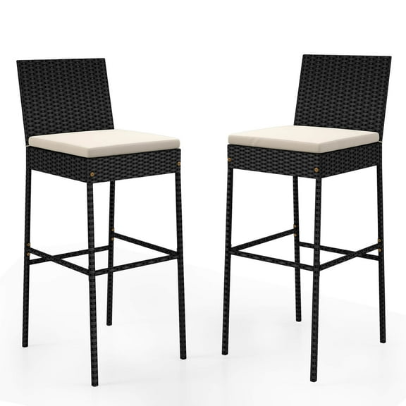 Costway 2 PCS Patio Wicker Barstools Bar Height Chairs with Cushions Backyard Off-White