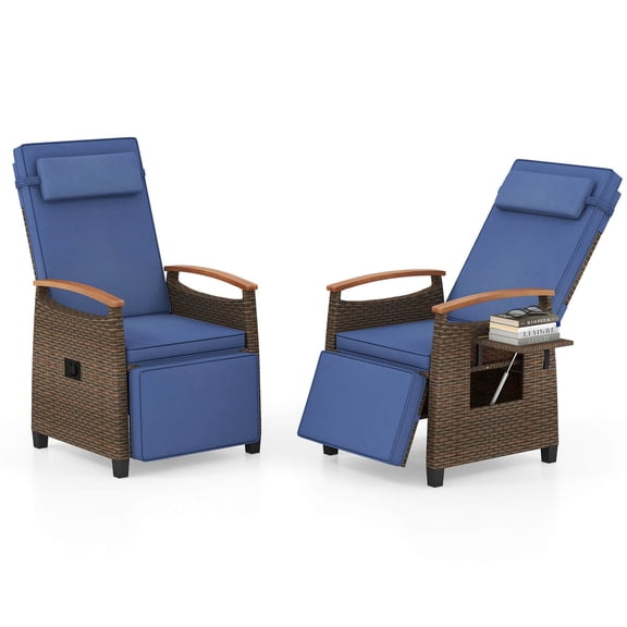 Costway 2 PCS Patio Wicker Recliner Chair with Adjustable Backrest Footrest Flip Side Table Navy