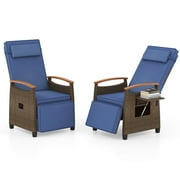 Costway 2 PCS Patio Wicker Recliner Chair with Adjustable Backrest Footrest Flip Side Table Navy