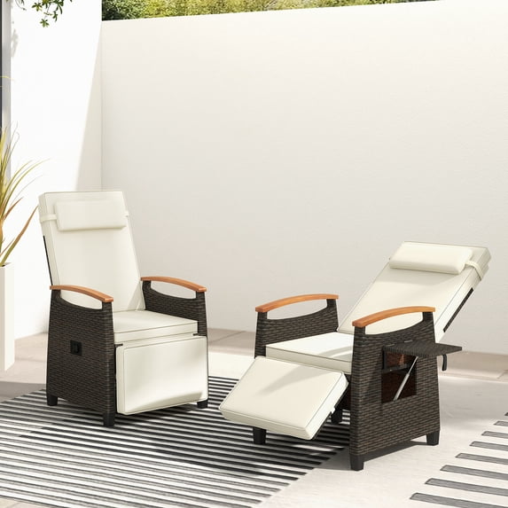 Costway 2 PCS Patio Wicker Recliner Chair with Adjustable Backrest Footrest Flip Side Table White
