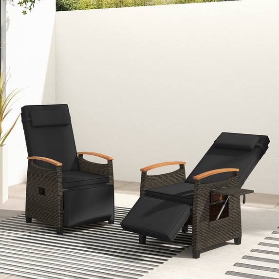 Costway 2 PCS Patio Wicker Recliner Chair with Adjustable Backrest & Footrest Flip Side Table