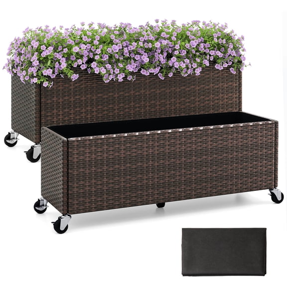 Costway 2 PCS Raised Garden Bed All-Weather PE Rattan Wicker Patio Planter Box with Wheels