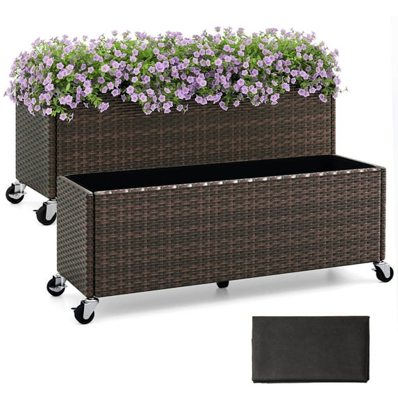 Costway 2 PCS Raised Garden Bed All-Weather PE Rattan Wicker Patio Planter Box with Wheels