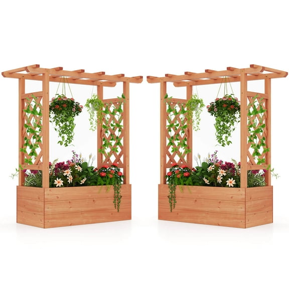 Costway 2 PCS Raised Garden Bed with Trellis & Hanging Roof Drainage Elevated Planter Box