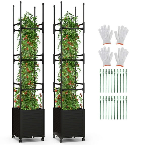 Costway 2 PCS Raised Garden Bed with Trellis and Wheels Self-Watering Planter Box with 3 Heights